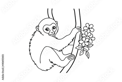 Cute Monkey Hanging On Tree With Flowers Illustration Outlined Design