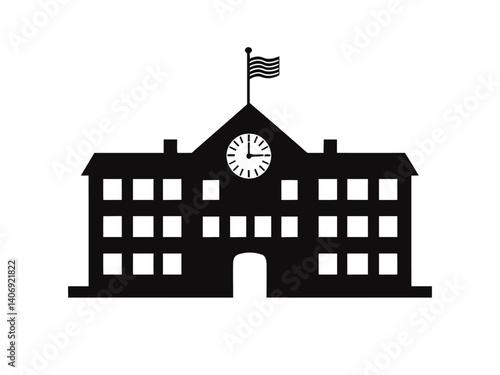 Silhouette of a classic school building icon with a flag and a clock, representing education.