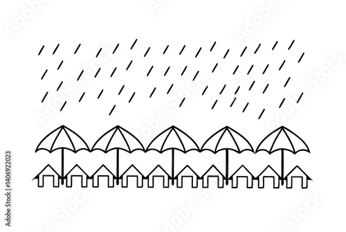 Conceptual Illustration Of Home Insurance With Rain And Umbrellas For Protection