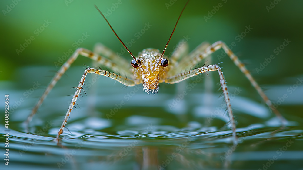 Close-up photography of a water strider gliding on the surface of a pond, highlighting its long legs, delicate body, and the ripples it creates with each movement.