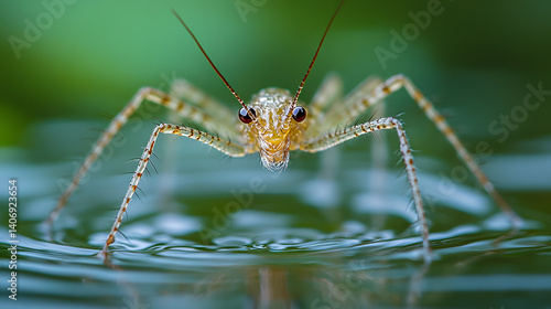 Obraz na płótnie Close-up photography of a water strider gliding on the surface of a pond, highlighting its long legs, delicate body, and the ripples it creates with each movement. w salonie