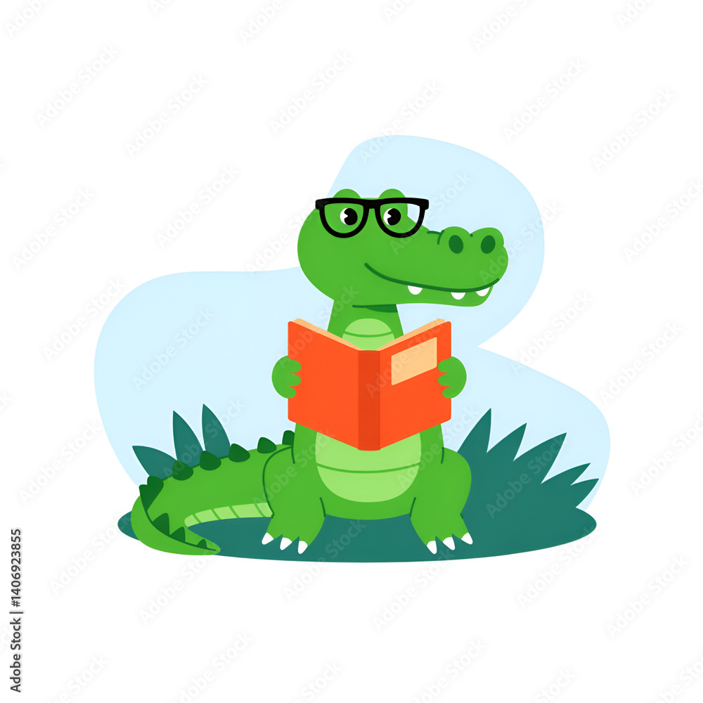 Obraz premium Cartoon alligator reading a book with glasses in a grassy area illustration