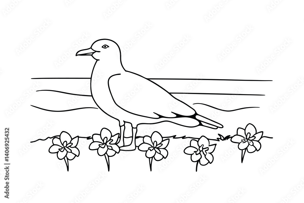 Obraz premium Black And White Vector Line Art Of Seagull And Flowers Nature Illustration