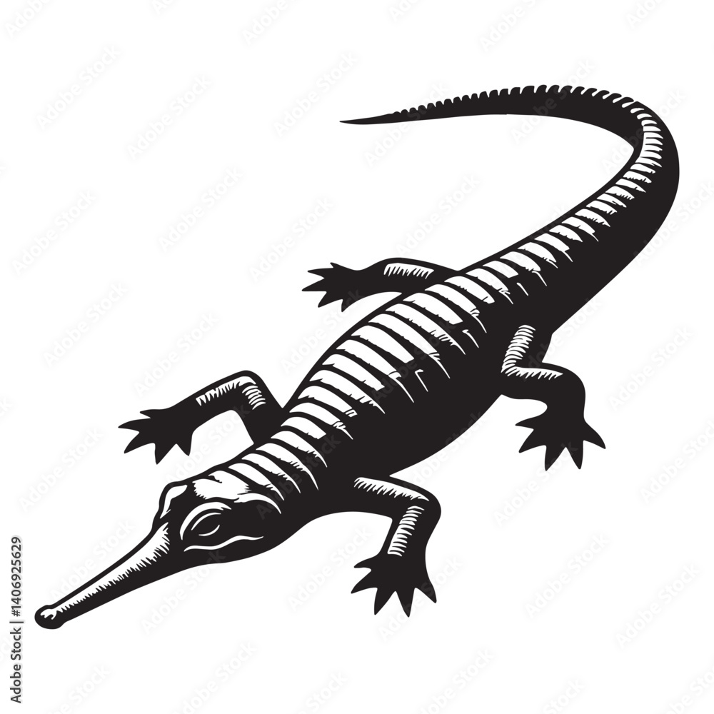 Fototapeta premium Fearsome Gharial silhouette, a master of its aquatic domain – Gharial illustration – Gharial vector – Reptile silhouette
