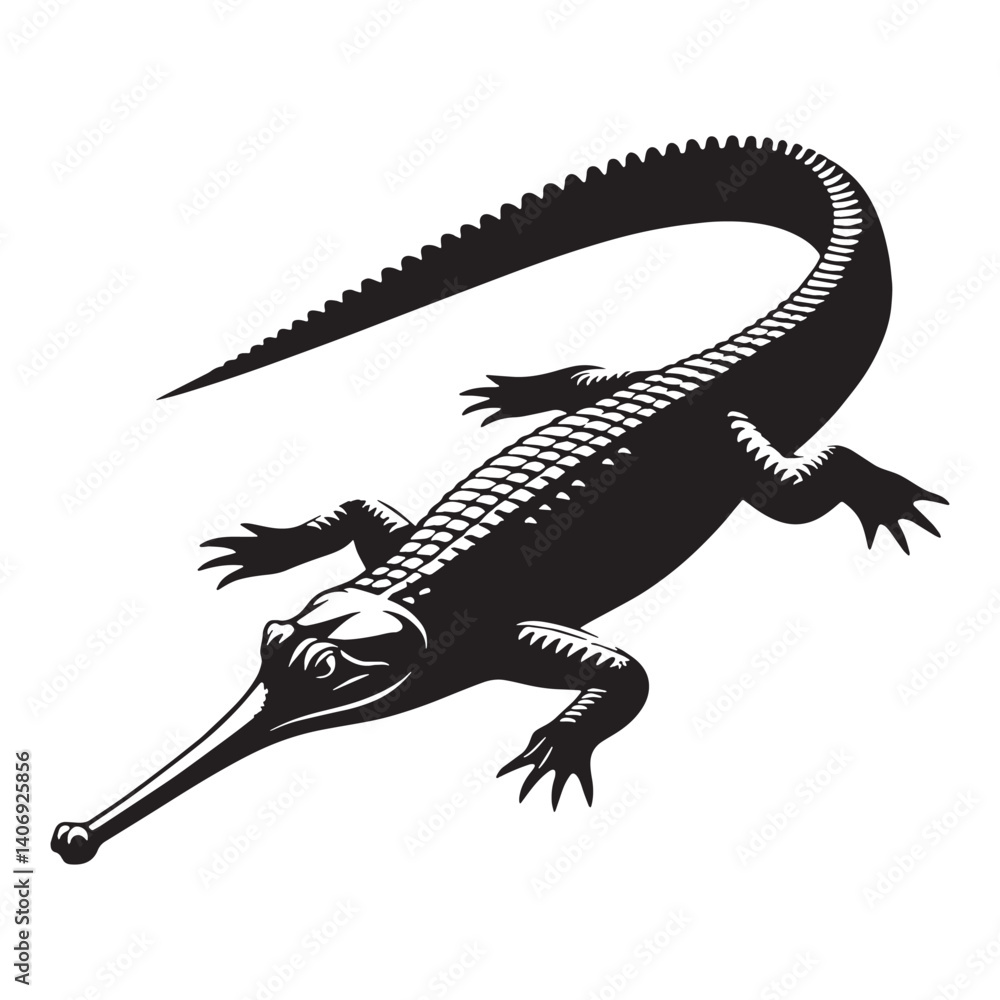 Fototapeta premium Mysterious Gharial silhouette, a river's silent guardian – Gharial illustration – Gharial vector – Reptile silhouette