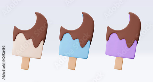 Set bitten Ice cream with chokolate glaze, icon, 3d render. Design elements. Realistic fast food icon. Sweet food. Vector illustration isolated on white for menu, shop, flyer, banner, web, adv, sale