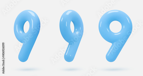 Set blue glass icon, 3d render number 9, nine sign. Realistic design element. Vector illustration isolated on white for postcard, icons, poster, banner, web, design, arts