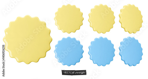 Set stickers, badges mockup. Blank labels of circle shapes with wavy edge. Vector illustration isolated on white. Copy space. Stickers or patches for preview tags, labels, design, presentation, adv