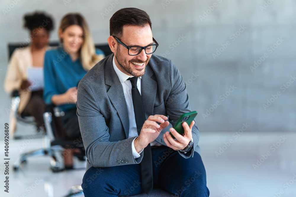 Happy businessman using mobile phone while analyzing weekly schedule in corporate office
