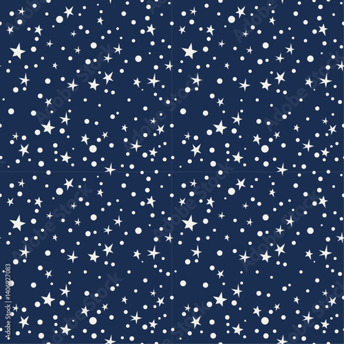The image features a seamless pattern of white stars and circles scattered across a deep blue background. The stars are of varying sizes and have a simple, five-pointed design.