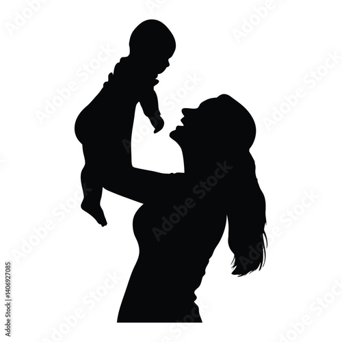 A woman holding a newborn baby and playing vector silhouette