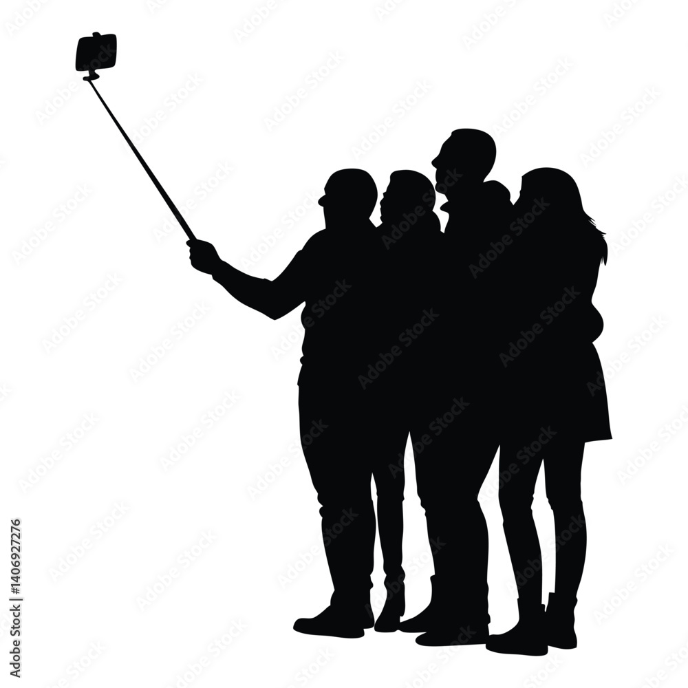 Group of men and women taking a selfie vector silhouette
