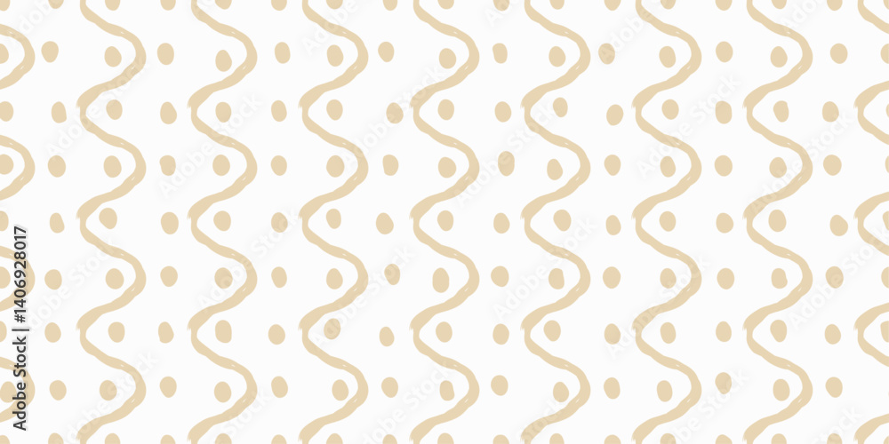 The image features a seamless pattern of beige wavy lines and circles on a white background. The wavy lines are arranged in vertical rows, with each line forming a gentle, undulating curve.
