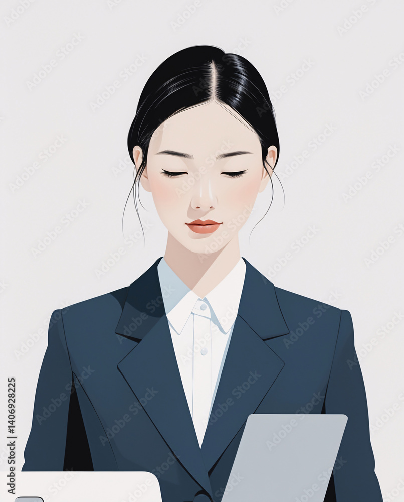 Stylish professional woman with light bluish gray suit low ponytail and neat bun flat design perfect for digital content creation premium character illustration Stylish professional woman with light bluish gray suit low ponytail and neat bun flat design perfect for digital content creation premium character illustration