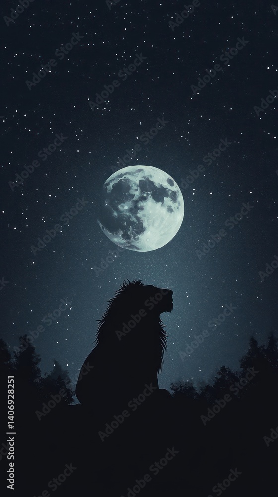 Naklejka premium A majestic lion silhouette gazes at the moonlit night sky.