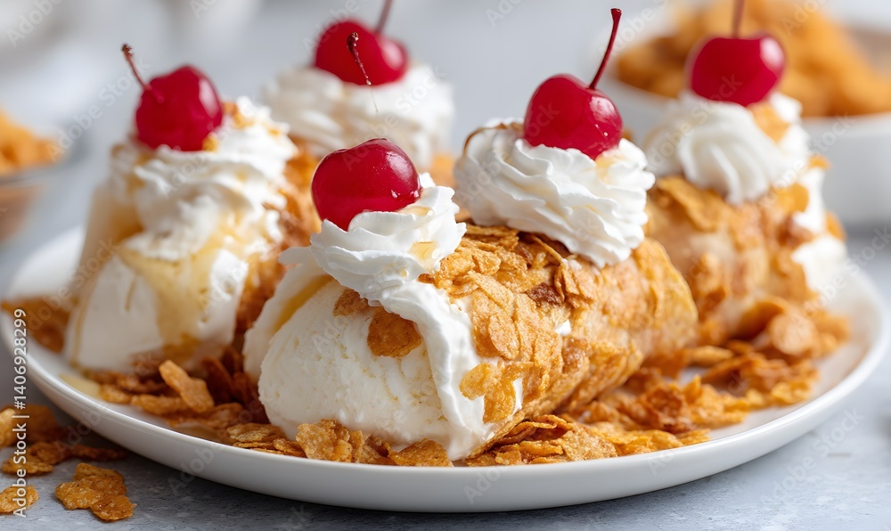 Scoops of vanilla ice cream rolled in cinnamon-sugar cornflakes, Generative AI Scoops of vanilla ice cream rolled in cinnamon-sugar cornflakes, Generative AI