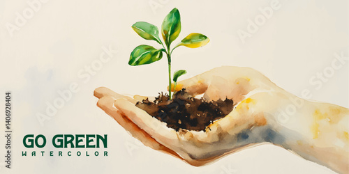 Watercolor illustration of a sprout in cupped hands. A small plant growing in the soil, held in hand