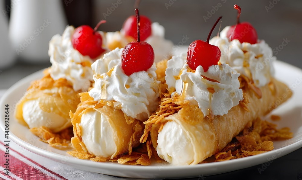 Scoops of vanilla ice cream rolled in cinnamon-sugar cornflakes, Generative AI