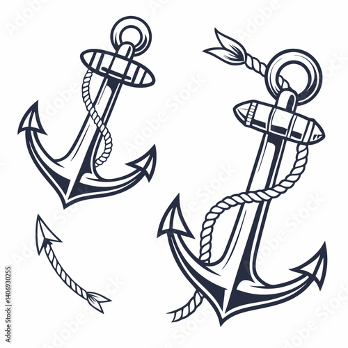 Nautical vector illustration design shows a heavy iron anchor with rope, a marine symbol of the navy and sea