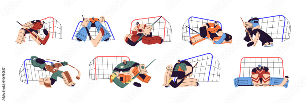 Fototapeta premium Ice hockey goalkeepers set. Goalies in uniform protect goals, catch a puck with the stick, hands. Sports players in safety helmets defend gates. Flat isolated vector illustration on white background