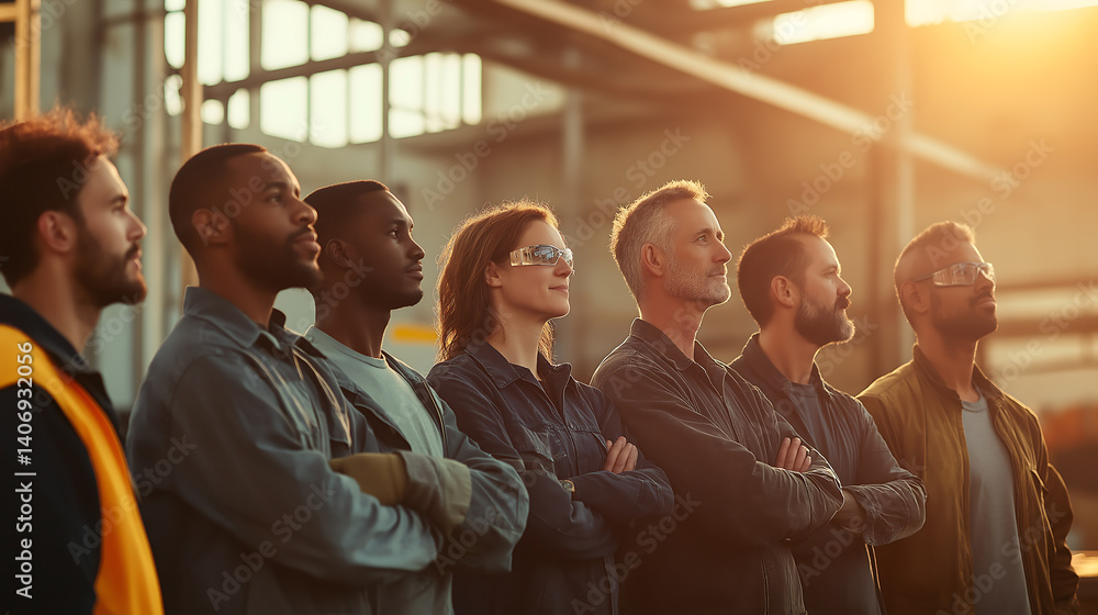 Fototapeta premium Group of factory workers standing together looking towards the future