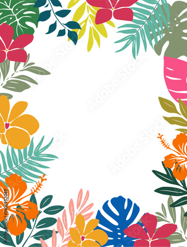 Tropical green leaves and colorful flowers summer background, border, frame. Vector art illustration isolated on transparent background