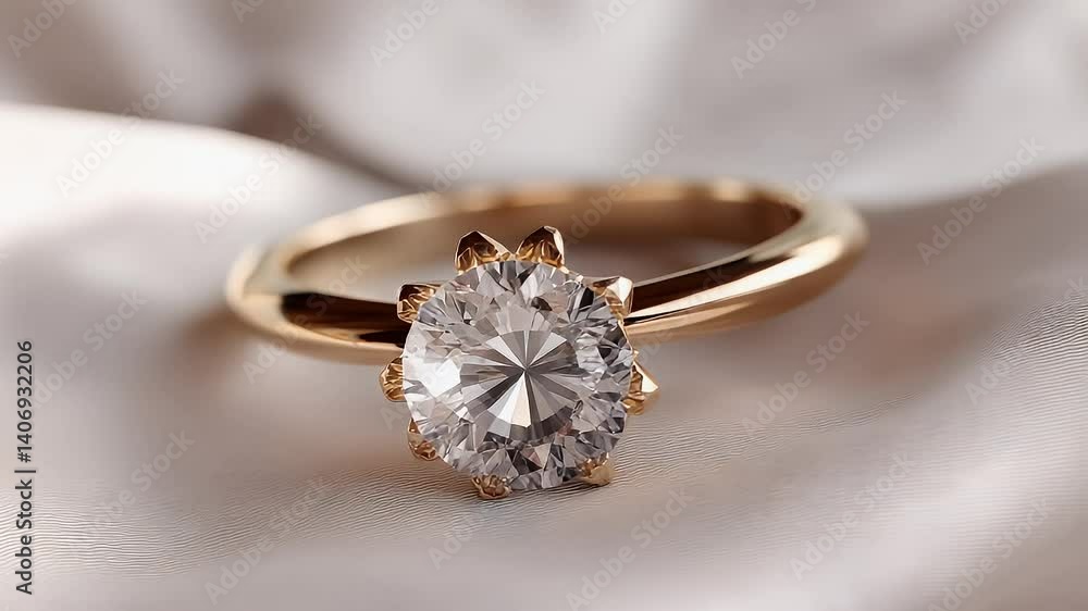 A golden ring with a faceted gem rests on soft fabric, emphasizing its brilliance. Delicate light accentuates its sparkle A golden ring with a faceted gem rests on soft fabric, emphasizing its brilliance. Delicate light accentuates its sparkle