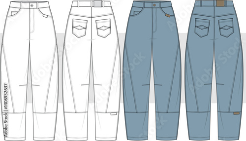Unisex slouchy pants fashion flat technical drawing template, illustration. Cargo pants, baggy jeans, high waist, oversize, balloon jeans denim pants. Front and back view. CAD mockup.