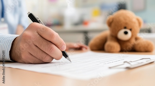 Wallpaper Mural Parent Completing Nursery Registration Form with Focused Handwriting, A Teddy Bear Nearby Enhances the Warmth of the Moment Torontodigital.ca