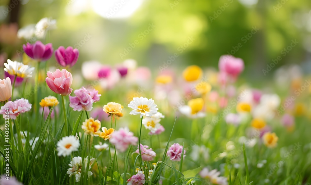 Fototapeta premium soft flower garden in full bloom, variety of colorful flowers including daisies, Generative AI