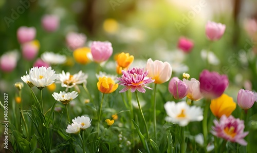 soft flower garden in full bloom, variety of colorful flowers including daisies, Generative AI