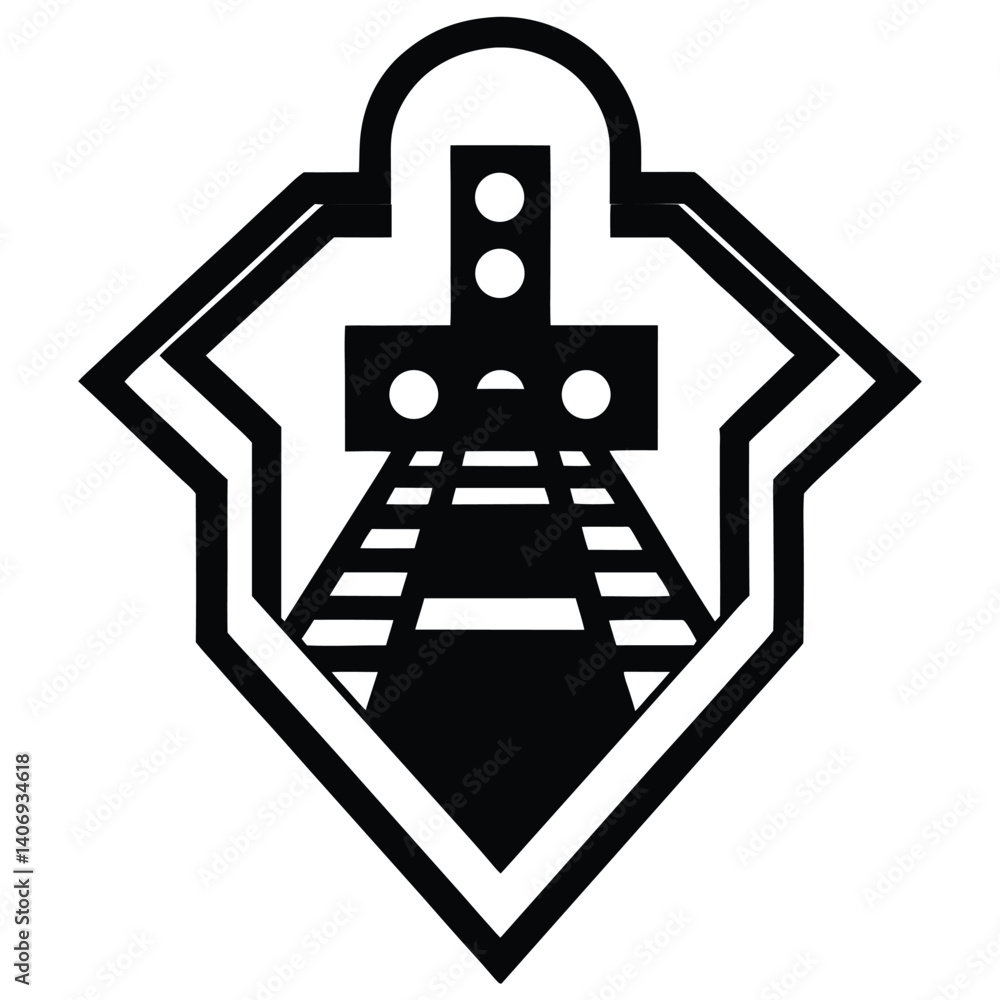 Railroad Crossing Sign Vector Illustration With Train Tracks And Traffic Lights. Railroad Crossing Sign Vector Illustration With Train Tracks And Traffic Lights.