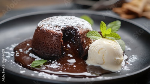 Decadent Chocolate Lava Cake with Ice Cream and Mint Garnish
