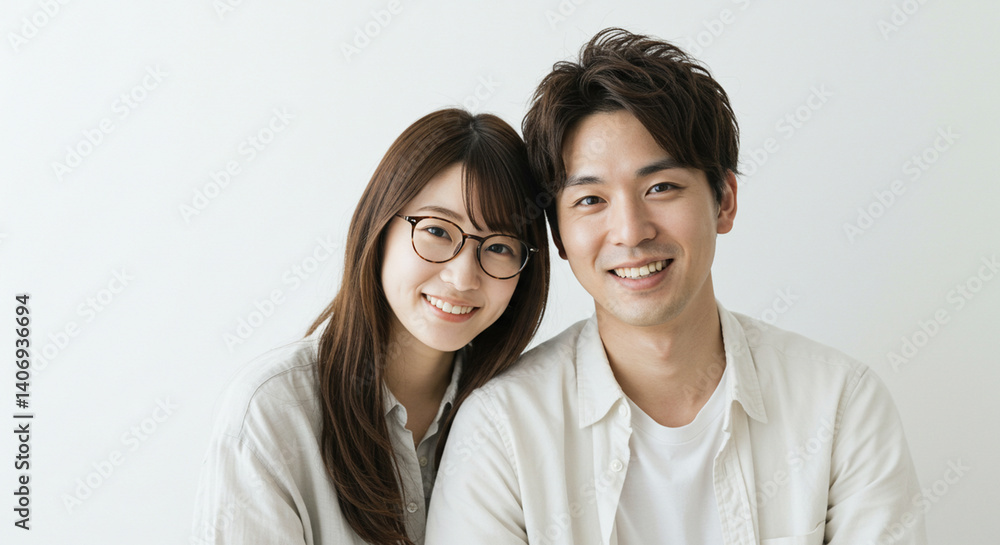 笑顔で寄り添う若い男女のカップル。友達、パートナー、恋人、結婚、新婚イメージ。 笑顔で寄り添う若い男女のカップル。友達、パートナー、恋人、結婚、新婚イメージ。