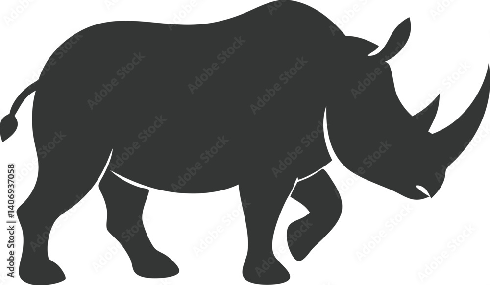 Fototapeta premium Walking Rhinoceros Silhouette with Horns on Transparent Background