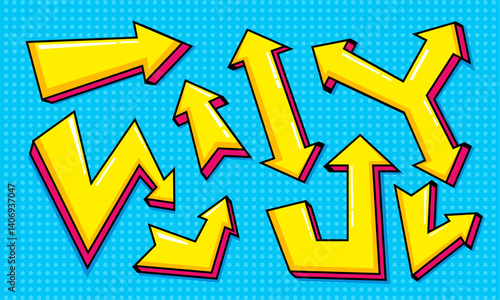Collection of Yellow Comic cartoon Arrows Pointing in Different Directions