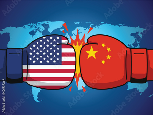 Vector illustration depicting a symbolic confrontation between the USA and China. Two boxing gloves, one painted with the American flag and the other with the Chinese flag, clash with a vibrant burst 