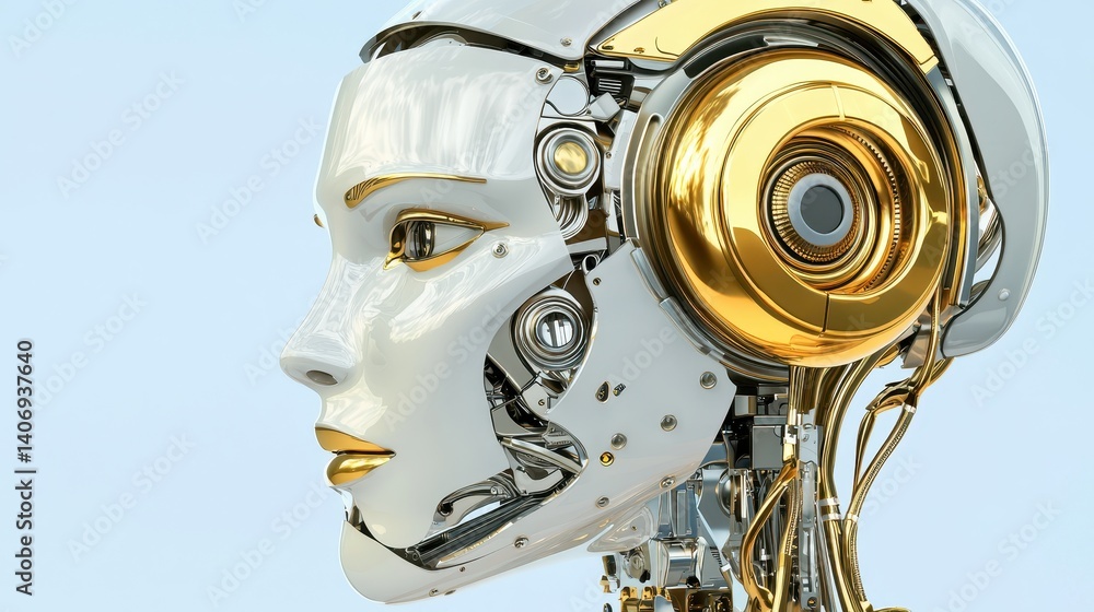 Fototapeta premium Futuristic Robot Head with Golden Accents and Metallic Details