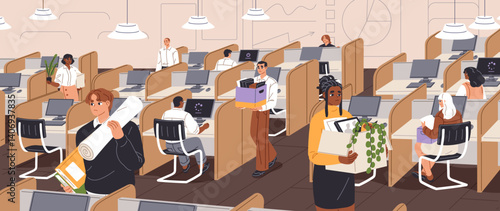 Mass layoff, resignations in company and jobless. Sad unemployed people leave office. Dismissal employees, loss of job. Fired workers gather things into boxes from workplaces. Flat vector illustration