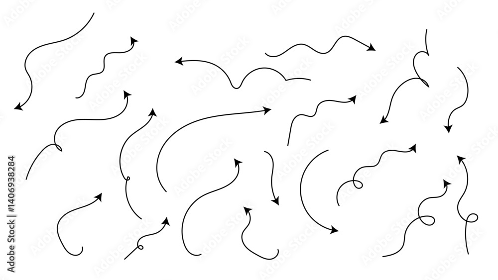 Obraz premium Isolated vector arrows, hand drawn. Set of simple lines hand drawn black and white arrows in various style. Set of simple of hand drawn black arrows. Set of simple lines hand drawn.