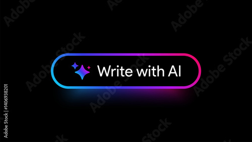 Write with AI button. Rewrite prompt pushbutton. Generate artificial intelligence toggle. LLM magic stars logo. Machine learning text generator. Chatbot assistant. UI design. Vector illustration. 