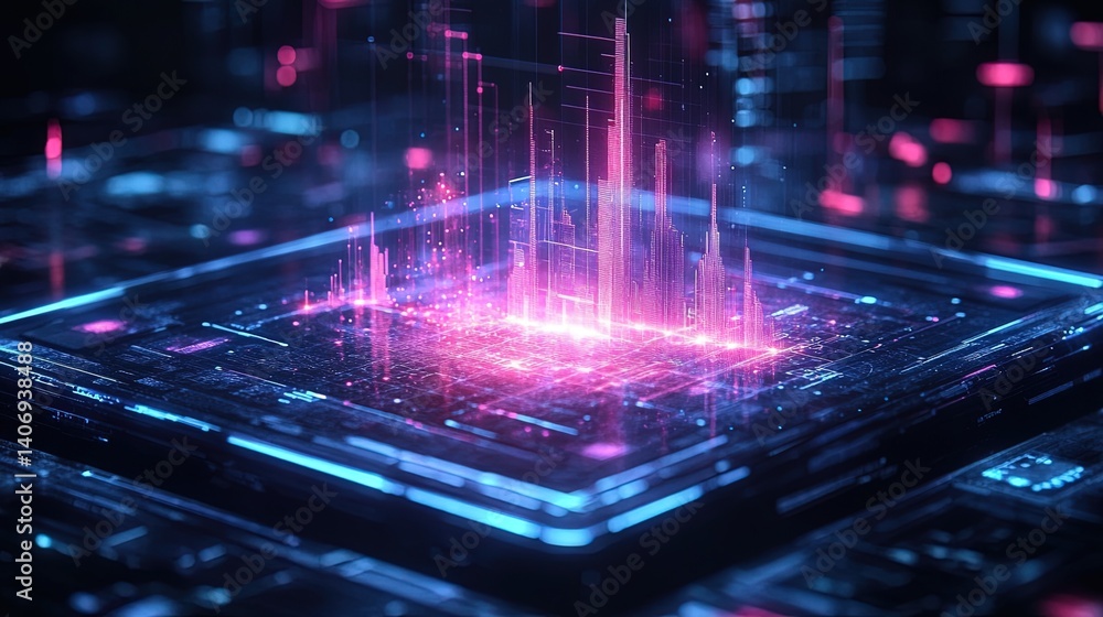 A futuristic concept of a business chart projecting from a digital tablet, glowing holographic trends A futuristic concept of a business chart projecting from a digital tablet, glowing holographic trends