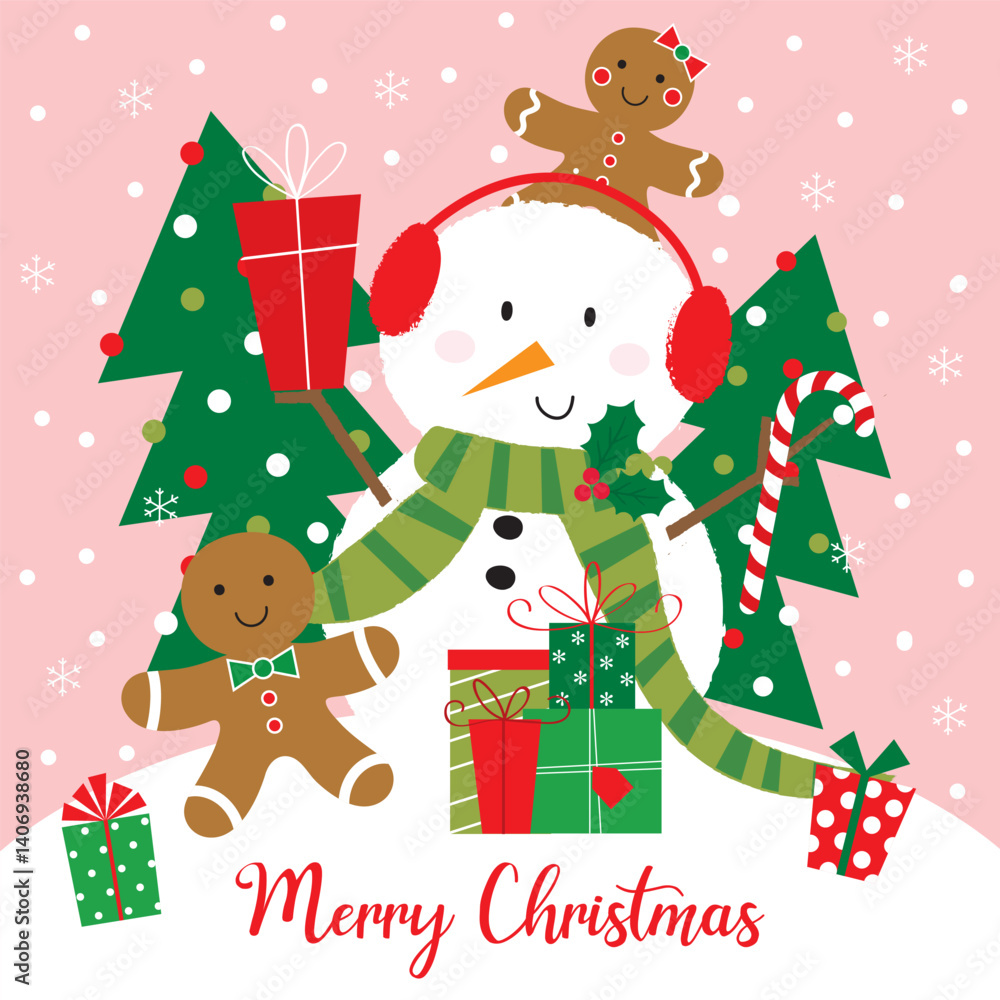 Naklejka premium christmas greeting card with gifts, snowman and ginger bread