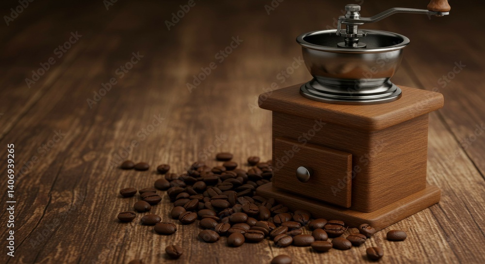 Manual Coffee Grinder with Coffee Beans on Rustic Wood Table