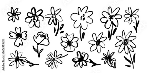 Flower vector sketch arrangement hand drawn in simple doodle style. Grunge botanical wedding, party decoration silhouette collection.
