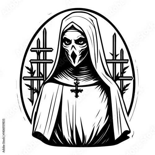 Stylized Grim Nun with a Cross and Gothic Fence