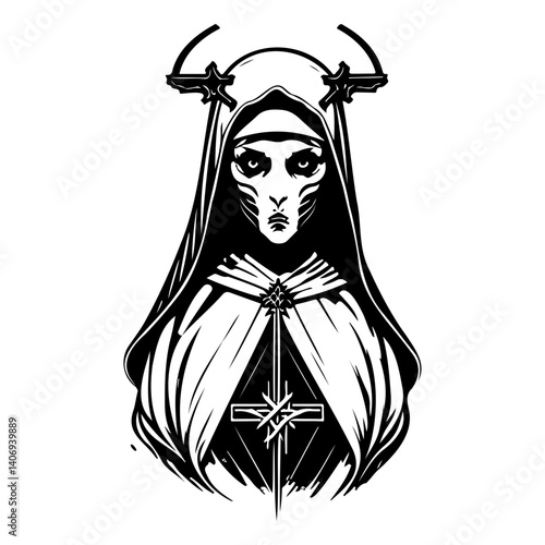 Monochrome Mystic Nun Illustration