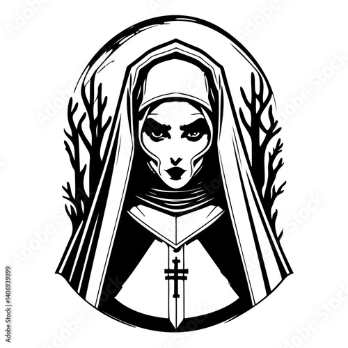 Monochrome Nun Character with Ominous Gaze Art