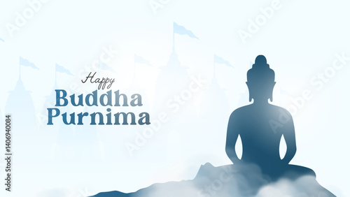 Happy Vesak Day, Buddha Purnima wishes greetings with buddha and lotus illustration. Happy Buddha Purnima, Happy Vesak Day, wishes greetings with a buddha minimal vector illustration. 