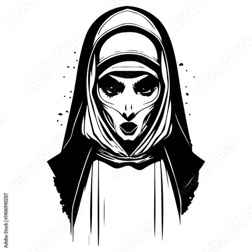 Eerie Nun Silhouette Portrait Vector Illustration